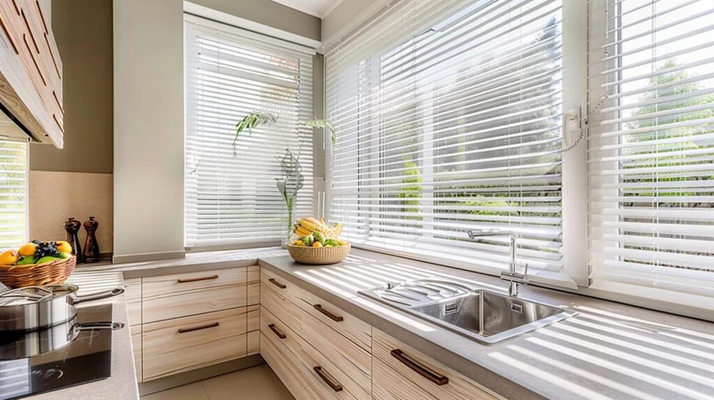 Which blind materials handle steam, grease, and splashes best?