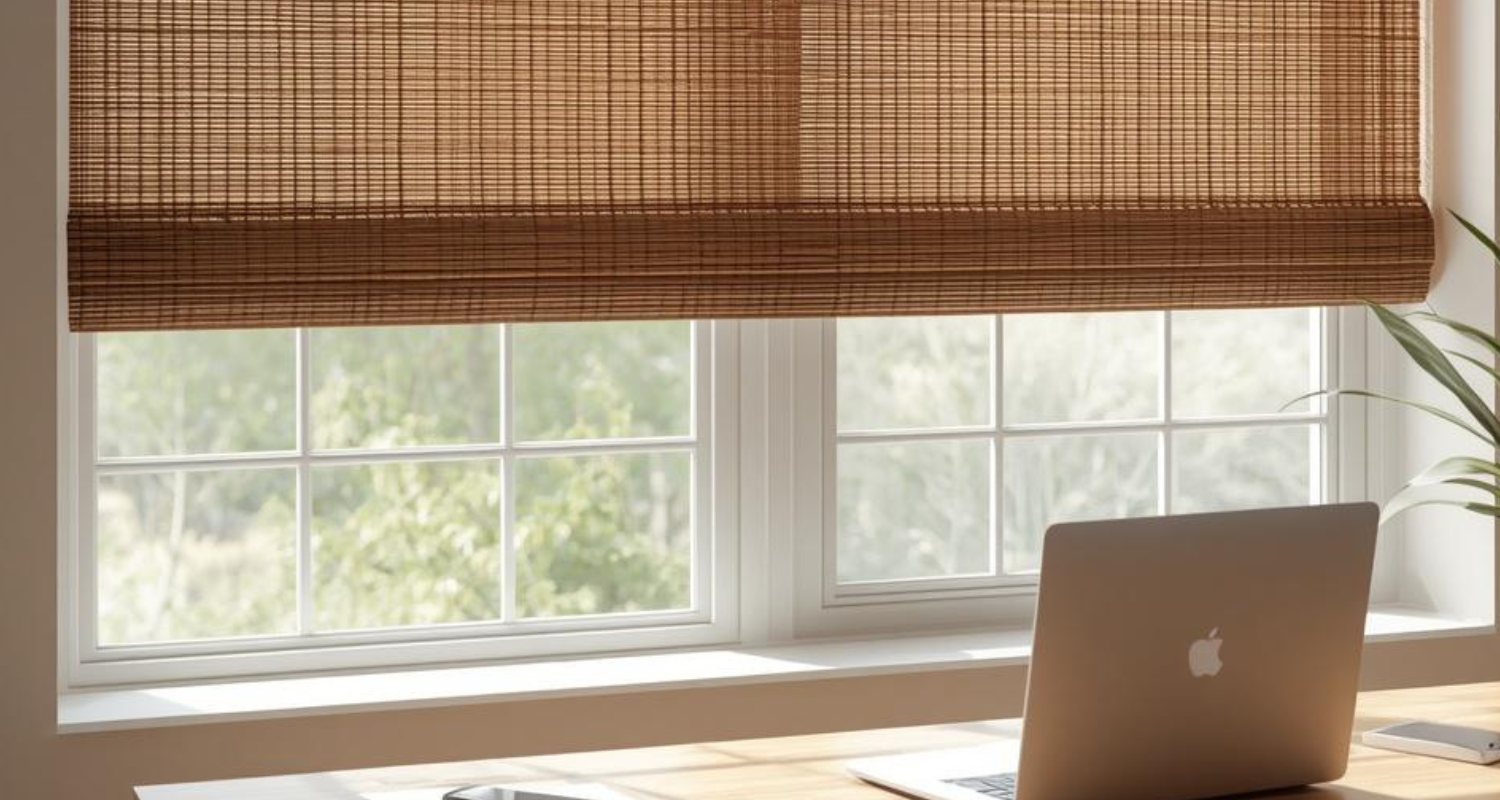 Ultra realistic modern home office with large window fitted with woven wood shades made from natural bamboo fibers, soft daylight filtering through the textured weave creating warm natural light p